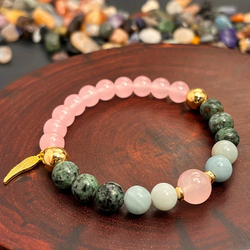 1 pc/Heart Chakra and Emotional Healing Rose Quartz Beaded Bracelet Feather Charm Stress Relief Jewelry Gift