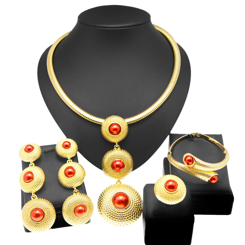 Fashion Women Necklace Jewelry Set Round Pendant Italian Gold Plated Earrings Necklace Party Woman Gift