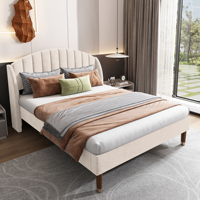 Double bed 160x200 cm with bed Padded headboard, drink slatbed box for adults and teenagers, beige velvet, no mattress