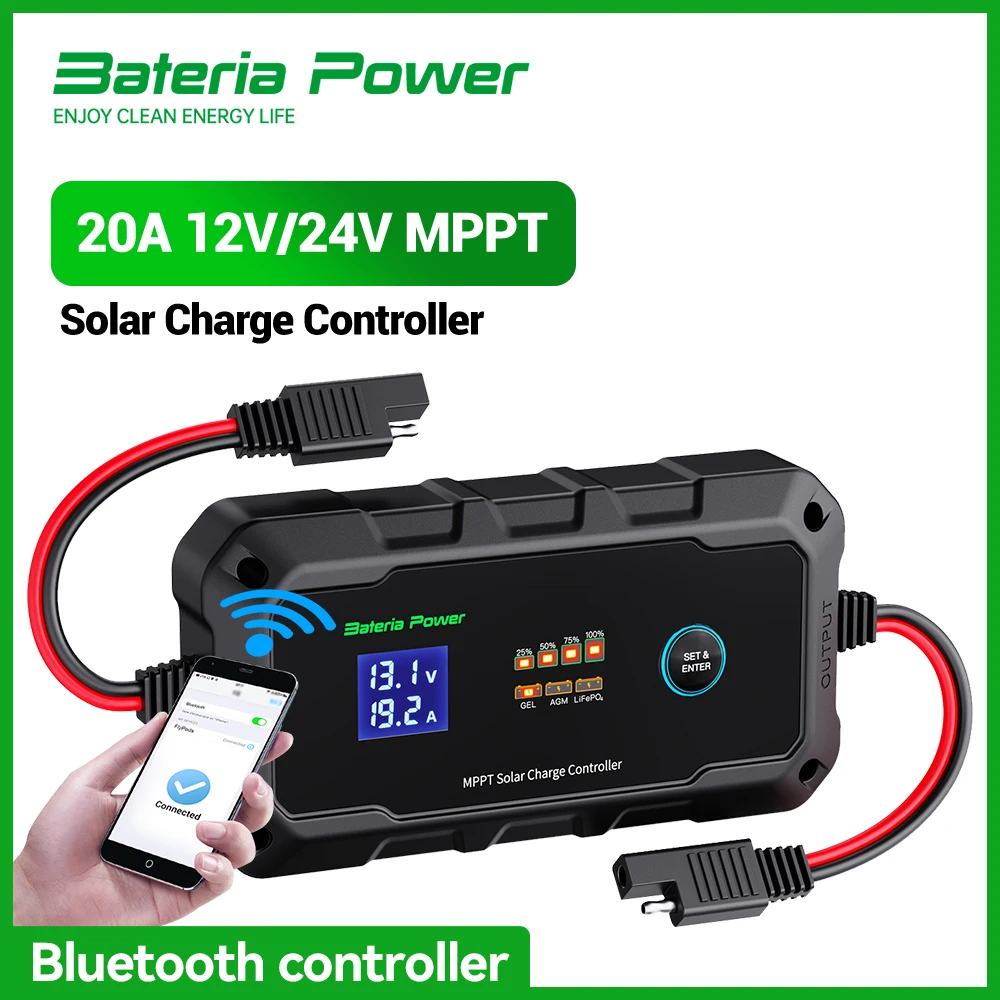 

20A 12V/24V MPPT Wireless Solar Charge Controller, Bateria Power Intelligent Solar Panel Regulator 20 Amp BT APP