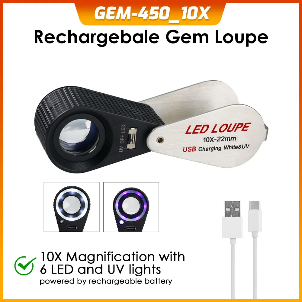 High Grade 10X Rechargeable Triplet Loupe Jewelry Tool with 6 LED & UV Lights, 22mm Lens for Collectors, Gemologists & Jewelers