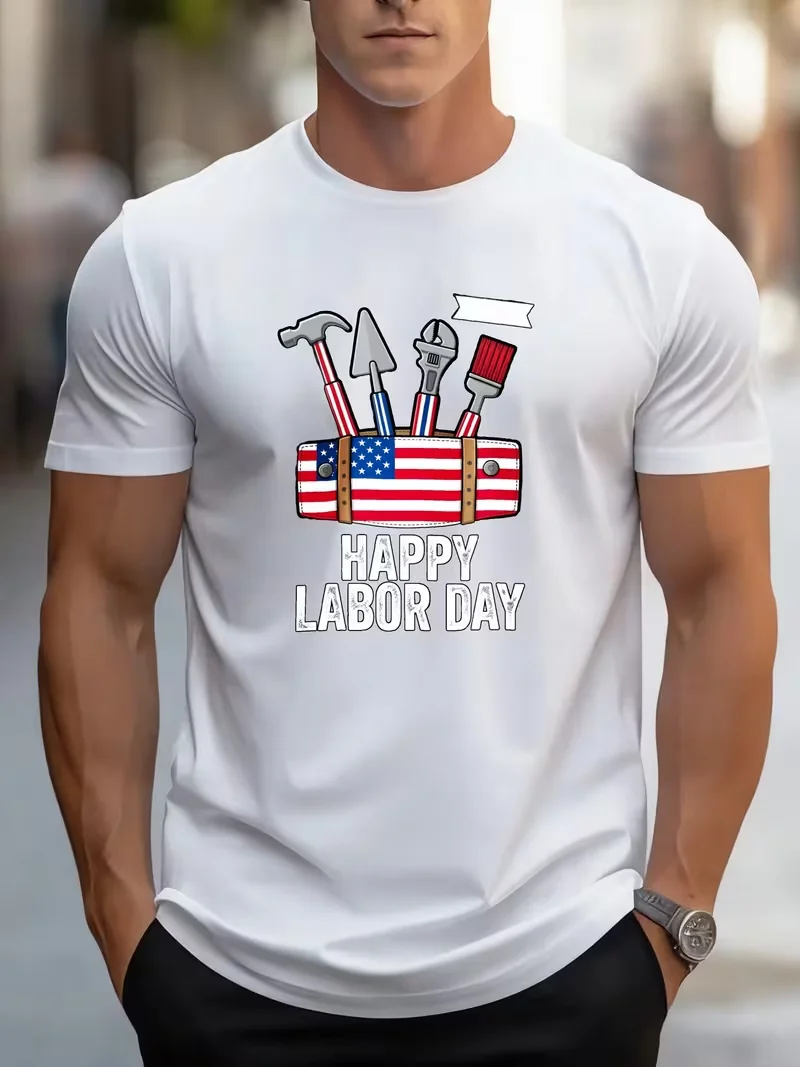 Men'S Patriotic American Flag Toolbox Graphic T-Shirt White Happy Labor Day Print Casual Comfortable Fit Holiday Celebration Shirt Men'S Clothing