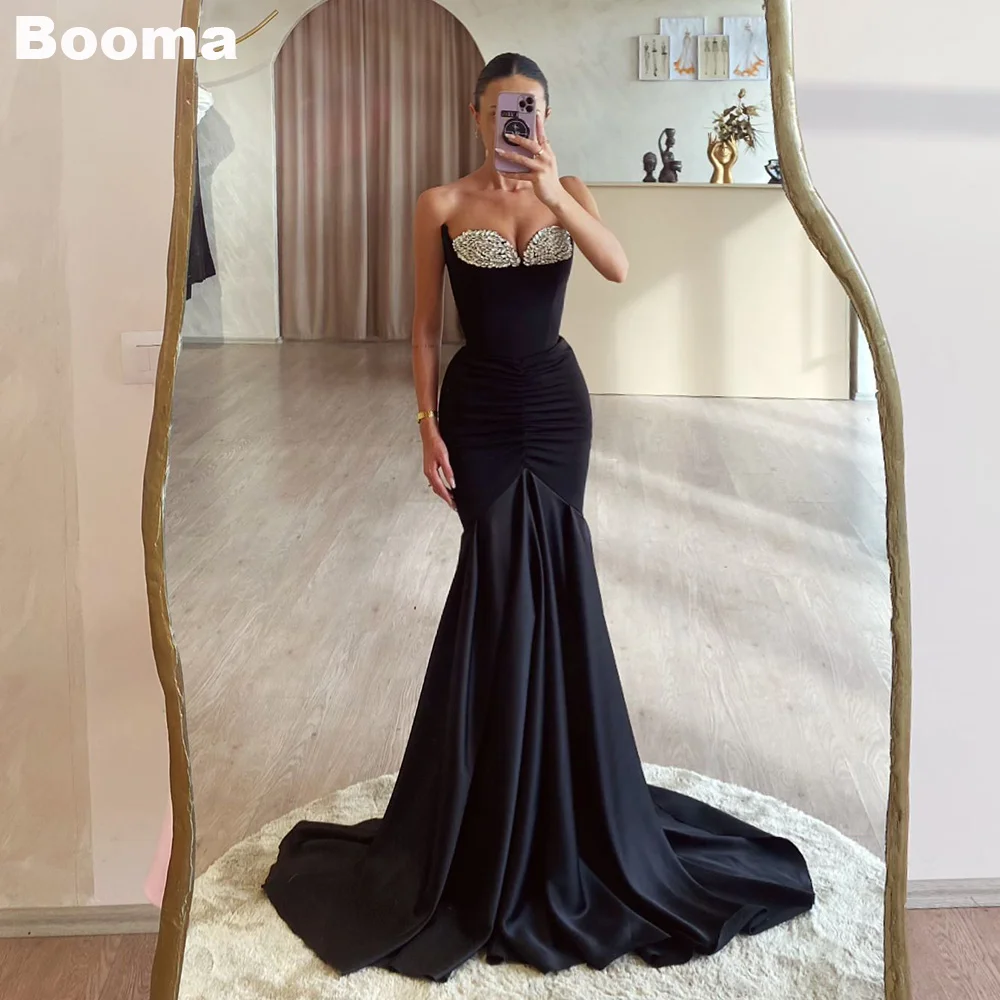 Booma-Black Mermaid Vestidos de noite para mulheres, Sweetheart Crystal Satin, elegante vestido de festa, Dubai, ocasião formal