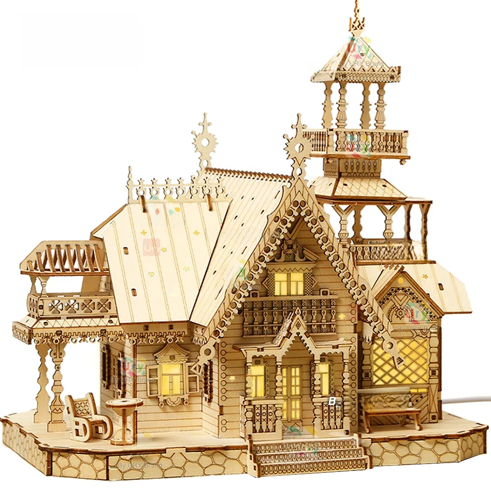 Drewniane puzzle 3D Villa House Royal Castle z lekkim montażem Zabawka dla dzieci i dorosłych Zestawy modelarskie Dekoracja biurka na prezent — zdjęcie 2
