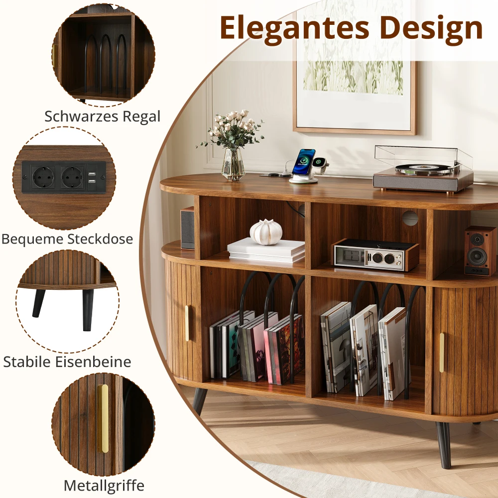 Mueble con paneles de 110 x 40 x 76 cm, estación de carga, compartimentos abiertos, puertas correderas con ranura, pasadiscos para cables, bordes redondeados, mueble moderno para la sala de estar, color nogal.
