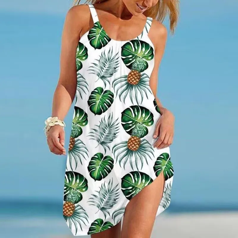 Women\\\'s Floral Print Dress Hawaii Style Crew Neck Mini Dress Casual Sleeveless Loose Oversized  Beach Dress Resort Wear Summer