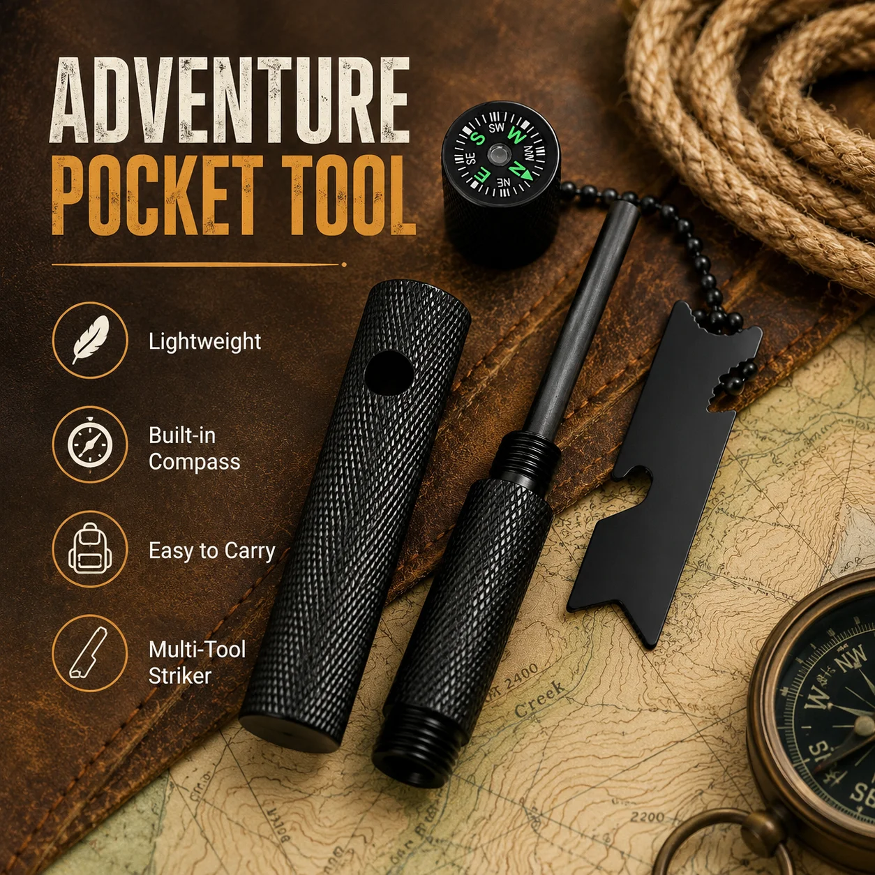 Allume-feu portable en fer avec boussole, outil d'allumage pour le camping en plein air avec allumeur métallique, équipement de survie compact pour la randonnée, le camping, la randonnée à dos et les voyages