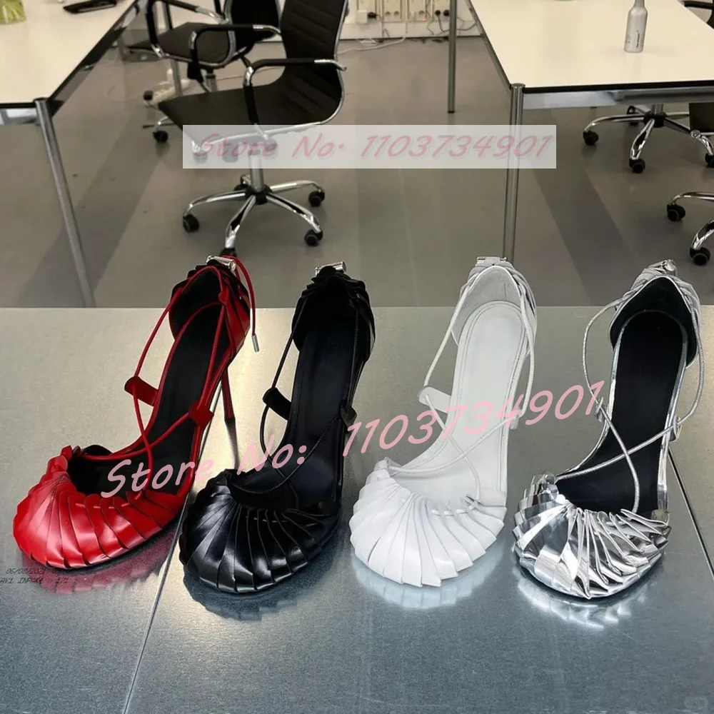 Origami Round Toe Lace Up Mirrored Sandals Women Novelty Chic Fan-Like Pleated High Heels Shoes Lady Trendy Classy Party Sandals