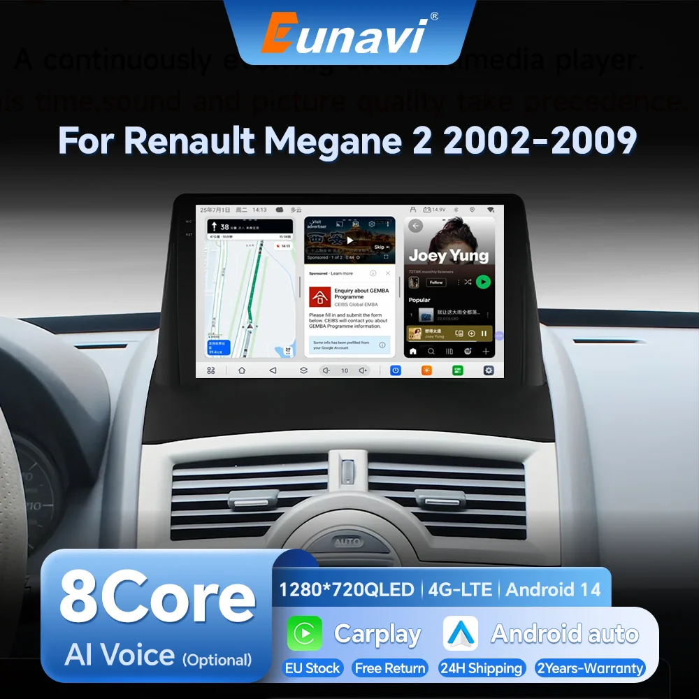 Eunavi Car Intelligent Systems Smart Radio pour Renault Megane 2 2002-2009 GPS sans fil CarPlay Android Auto Autoradio AI Voice