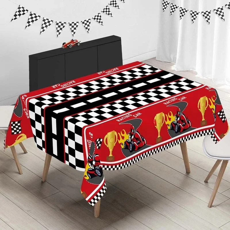 Nappe à carreaux noir et blanc pour fête de voiture de course, chemin de Table, couverture de Table de piste de course, décor de fête d'anniversaire pour garçon