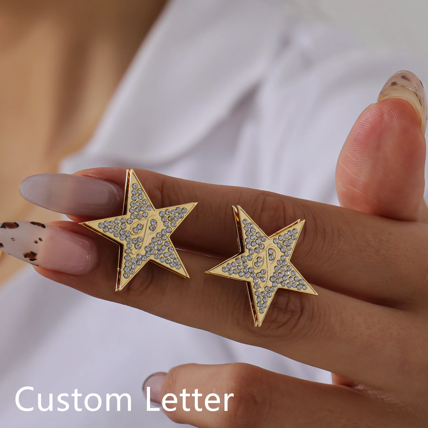 Zciti Personalized Earrings Custom Initial Letter Pave Diamond Pentagram Earrings Luxury Jewelry Wedding Gift for Women