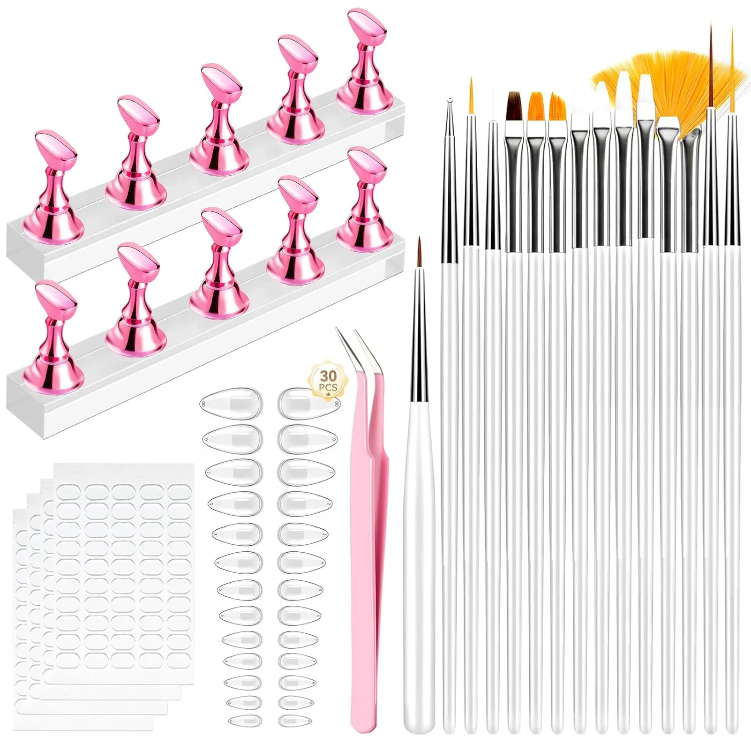 Makartt Nail Tool Brushes Press On Nails Design Kit Almond 30pcs with Brush Stand Base Adhesive Tabs for Home Salon DIY Beginner