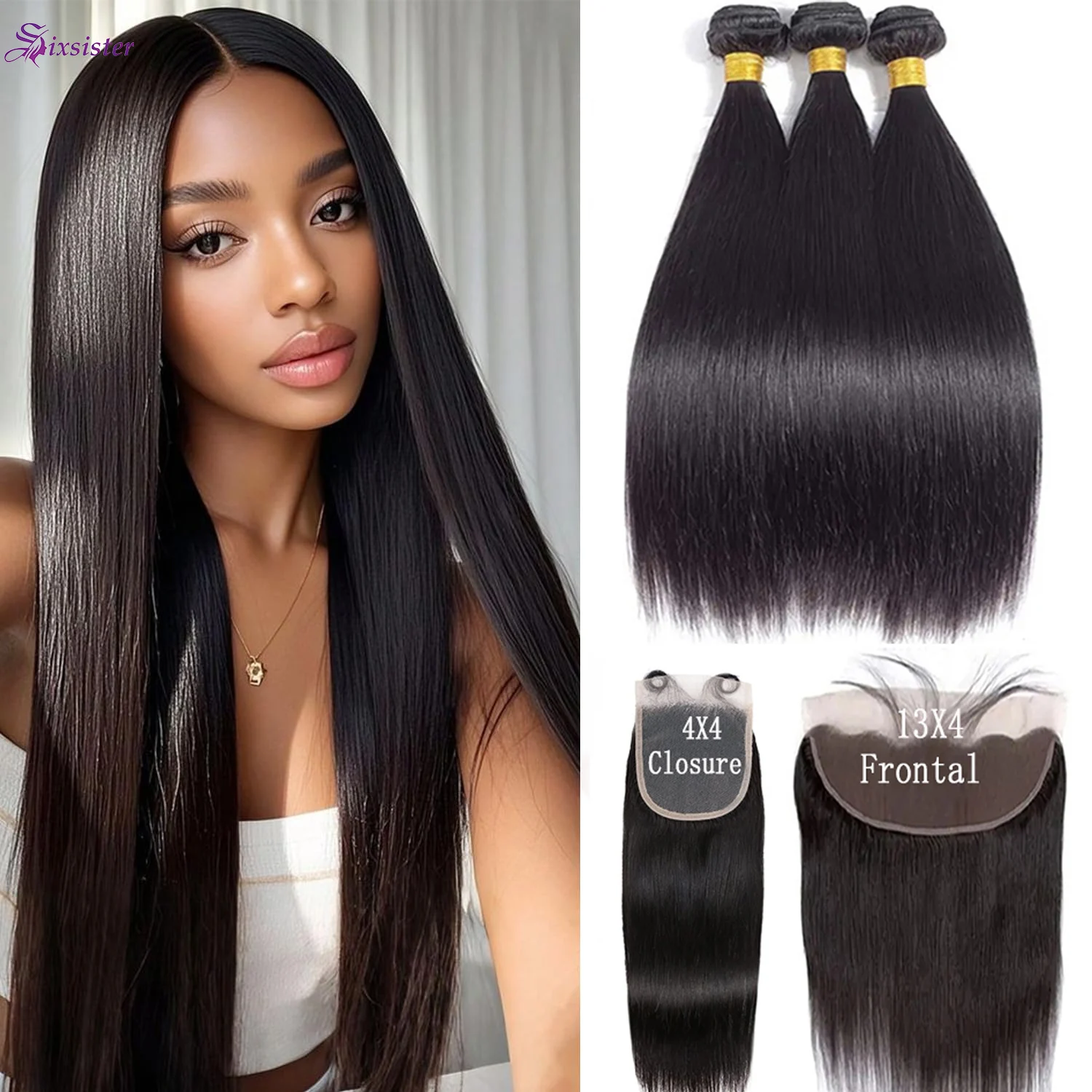 

Натуральные прямые человеческие волосы: 3 пучка с фронтальной кружевной вставкой 13x4, бразильские прямые волосы с кружевной застежкой 4x4, натуральный цвет