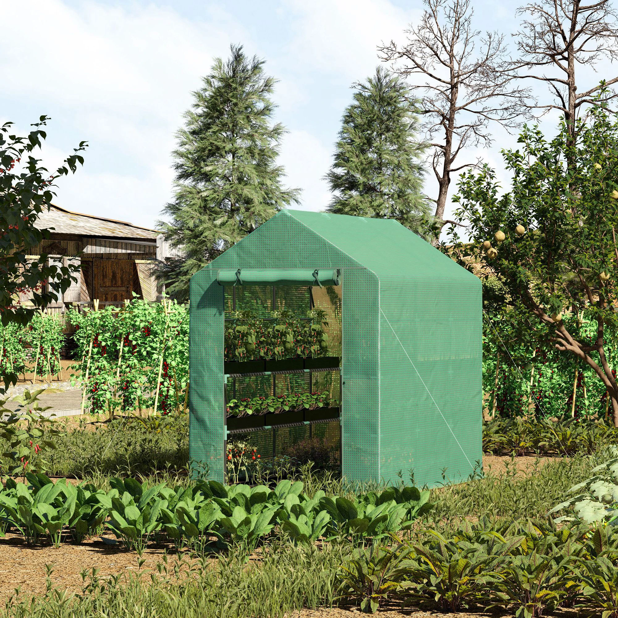 7' x 5' x 6' Walk-in Greenhouse for Outdoors with Mesh Door, 18 Shelf Hot House with Trellis, Plant Labels, UV Protective for Growing Flowers, Herbs, Vegetables, Saplings, Green