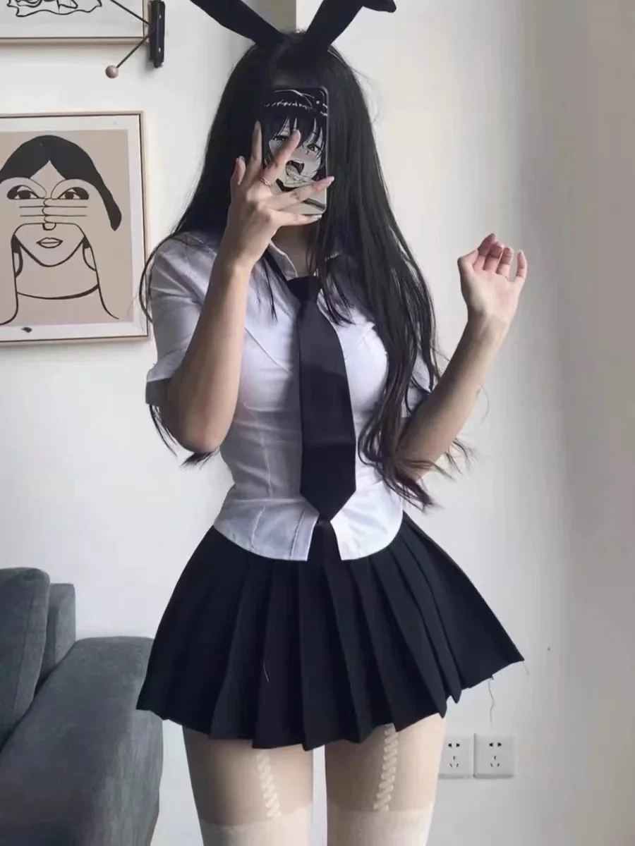 Spicy Girl Uniform Suit Student Daily Japanese JK Uniform Set Women Long Sleeved Slim White Shirt Mini Pleated Skirt Summer — zdjęcie 2