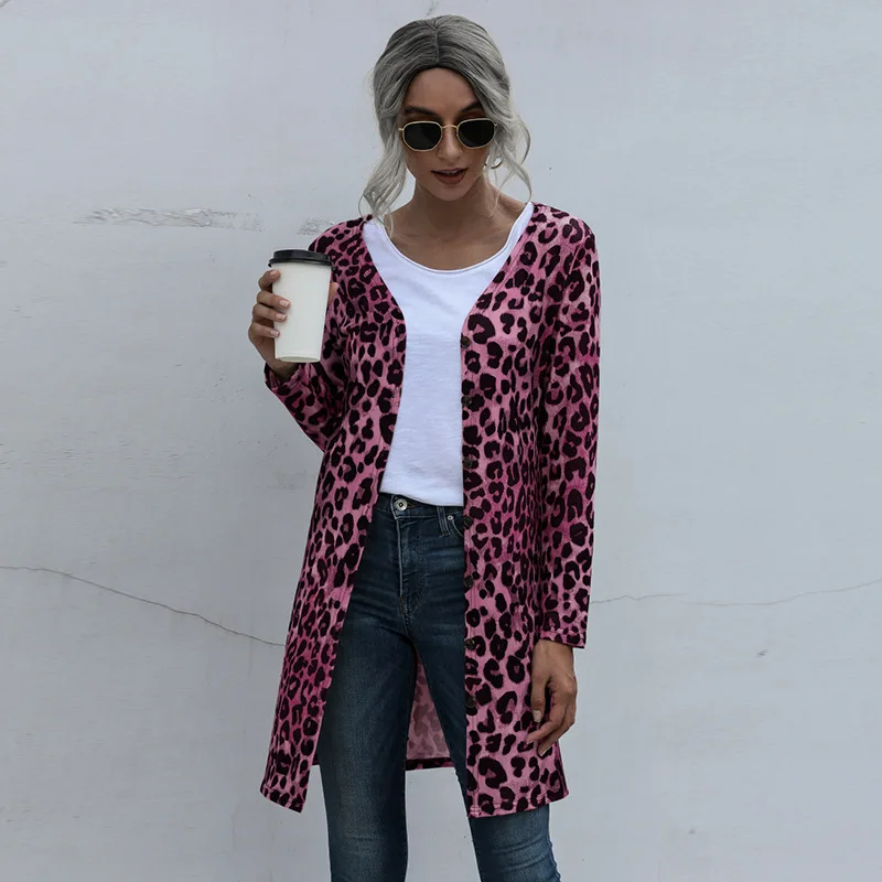 

Leopard Ladies Long Sleeve Jacket Coat Spring Fall Casual Female Women Warm Thin Long Sweater Coat Trench Coat Overcoat Capes