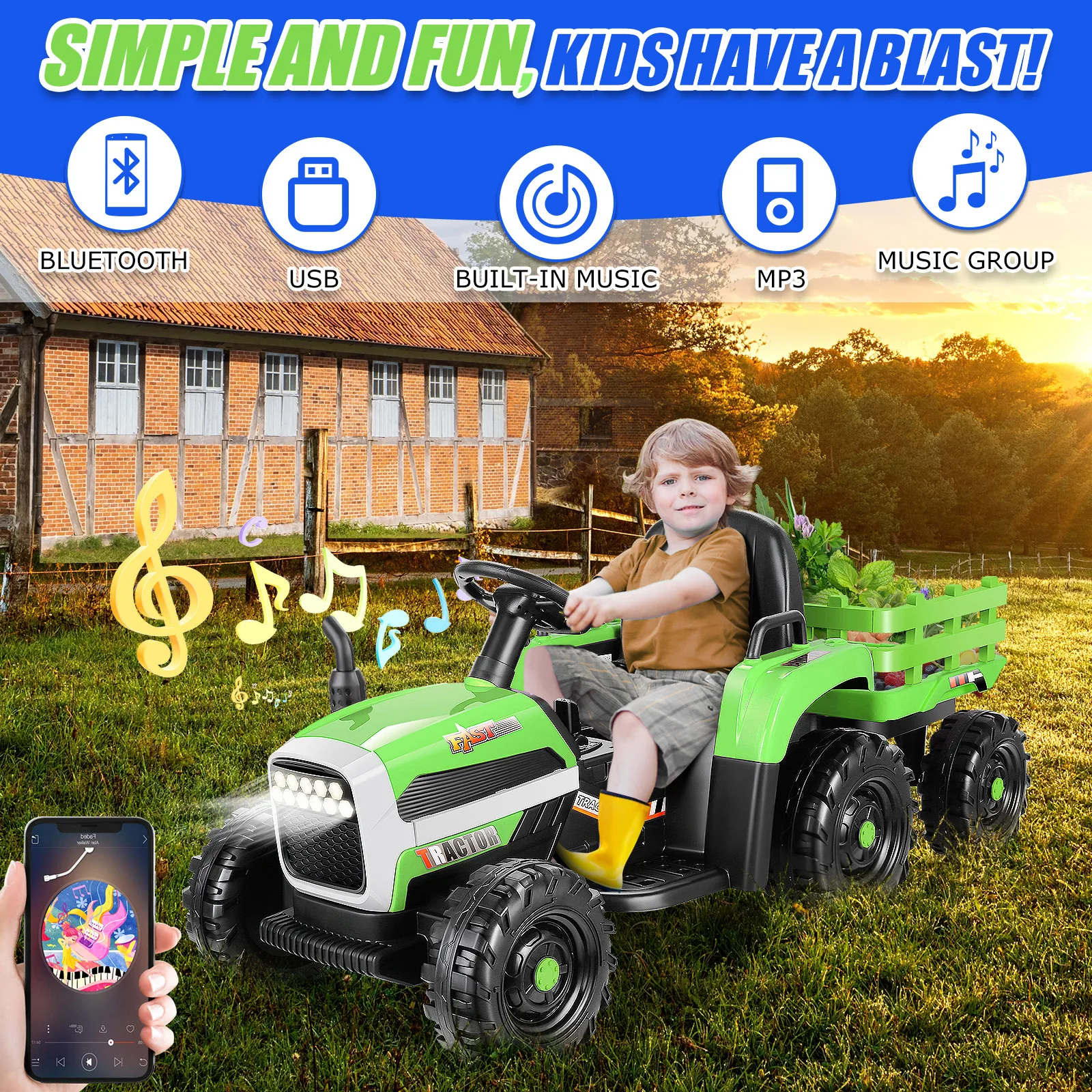 12V Kids Ride on Tractor con rimorchio 7AH auto elettrica per trattore alimentata a batteria per bambini, Ride on Toys veicolo motorizzato