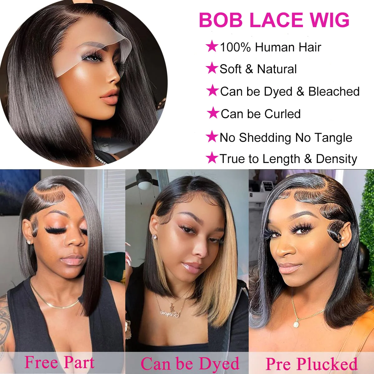 Perruque Bob Lace Front Wig Naturelle Lisse, Cheveux Courts HD, Baby Hair, Naissance des Cheveux Naturelle, Partie Latérale 200%, pour Femme