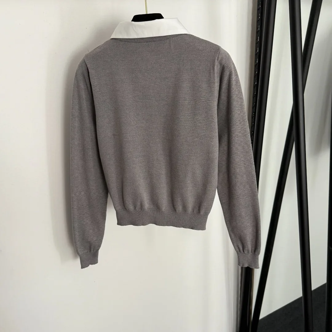 

25 Autumn new letter-shaped fake two-piece lapel long-sleeved knitted top, trendy and casual, college-style top for women