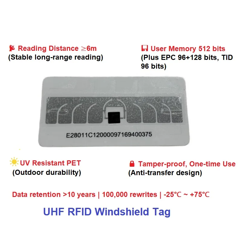 แท็ก UHF RFID สำหรับติดกระจกหน้ารถยนต์ ชิป Impinj M781 ระยะไกล ทนรังสียูวี สำหรับระบบควบคุมการเข้าออกยานพาหนะ