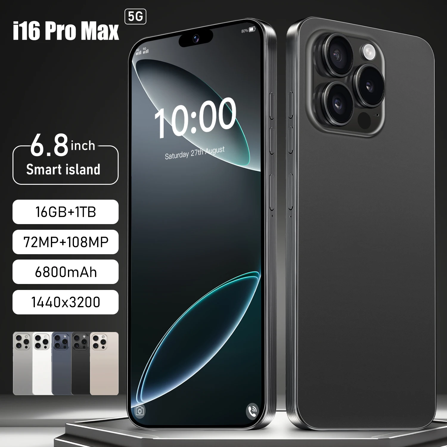 

2025 New i16 Pro Max Global Phone 6.8 inch 5G Smartphone 16GB+1TB Memory Space 6800mAh Battery 72+108MP Camera Mobile Phone