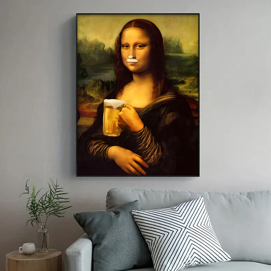 1PC Mona Lisa Drinking Beer Funny Poster Modern Classic Wall Art Canvas Painting Print Pictures Living Room Pub Cafe Decor