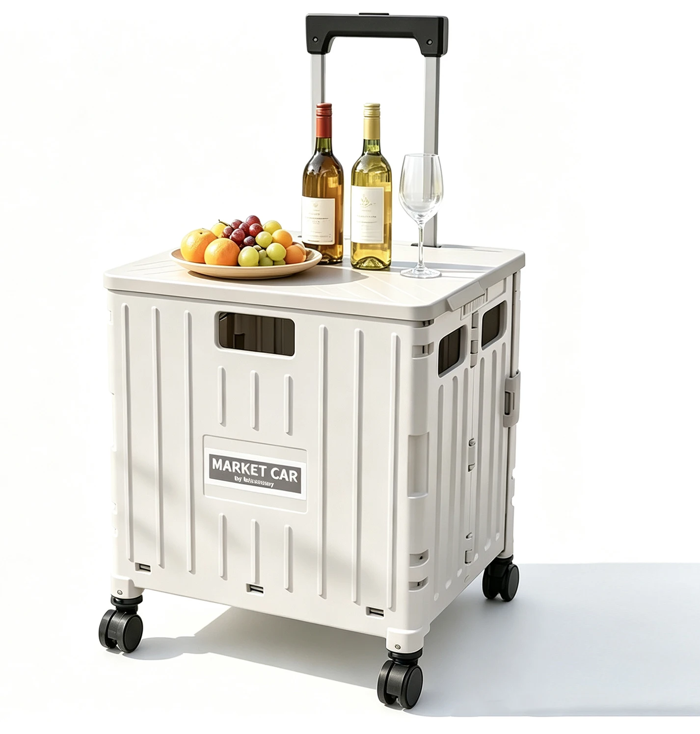 Wheeled Foldable Storage Crate Trolley, Collapsible Market Shopping Cart with Telescopic Pull Handle, Lightweight Rolling Box for Picnic, Camping and Daily Grocery