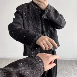 Mens sequin performance slim jacket genderless 2024 new trendy French retro temperament versatile collarless jacket unisex