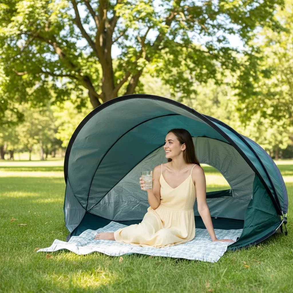 

Пляжная и садовая палатка для 2-3 человек, быстрораскладная, с защитой от солнца и ветра, легко складывается и переносится для кемпинга