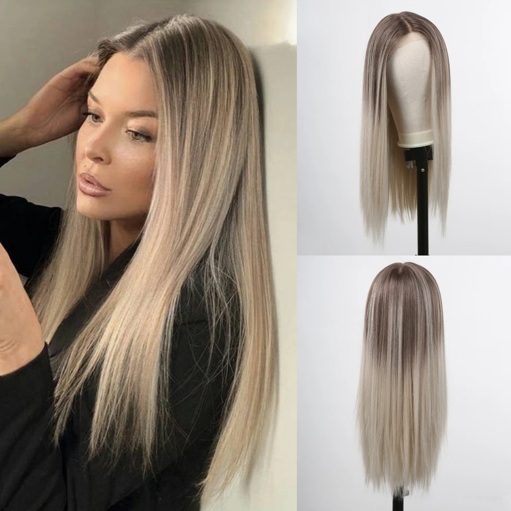 Koronkowe peruki syntetyczne Ombre Blonde Długa prosta koronkowa peruka dla kobiet Codzienne na imprezę Cosplay Naturalna żaroodporna sztuczna peruka