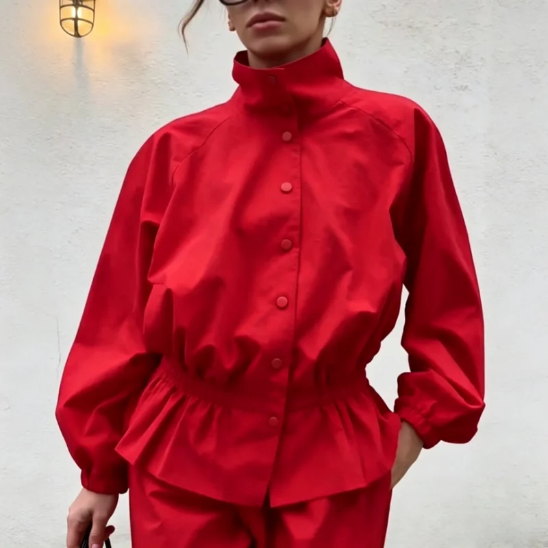 Casual Women's Track Jacket Pants Sets Vintage Stand Collar Ruffle Cropped Top Windbreaker Lantern Sleeves Trousers Red Outfits
