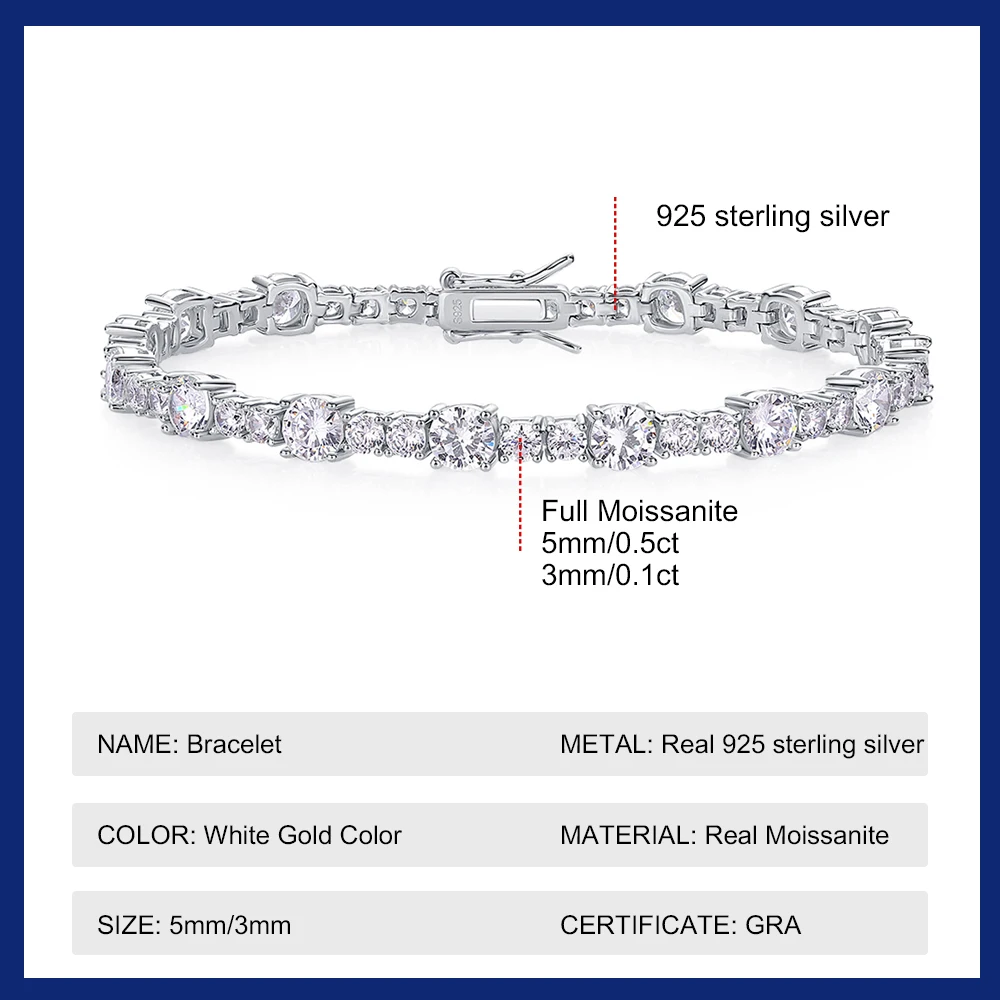 Full Moissanite Tennis Bracelet 5mm & 3mm Round Cut S925 Sterling Silver 18K White Gold Plated GRA Certified Wedding Jewelry