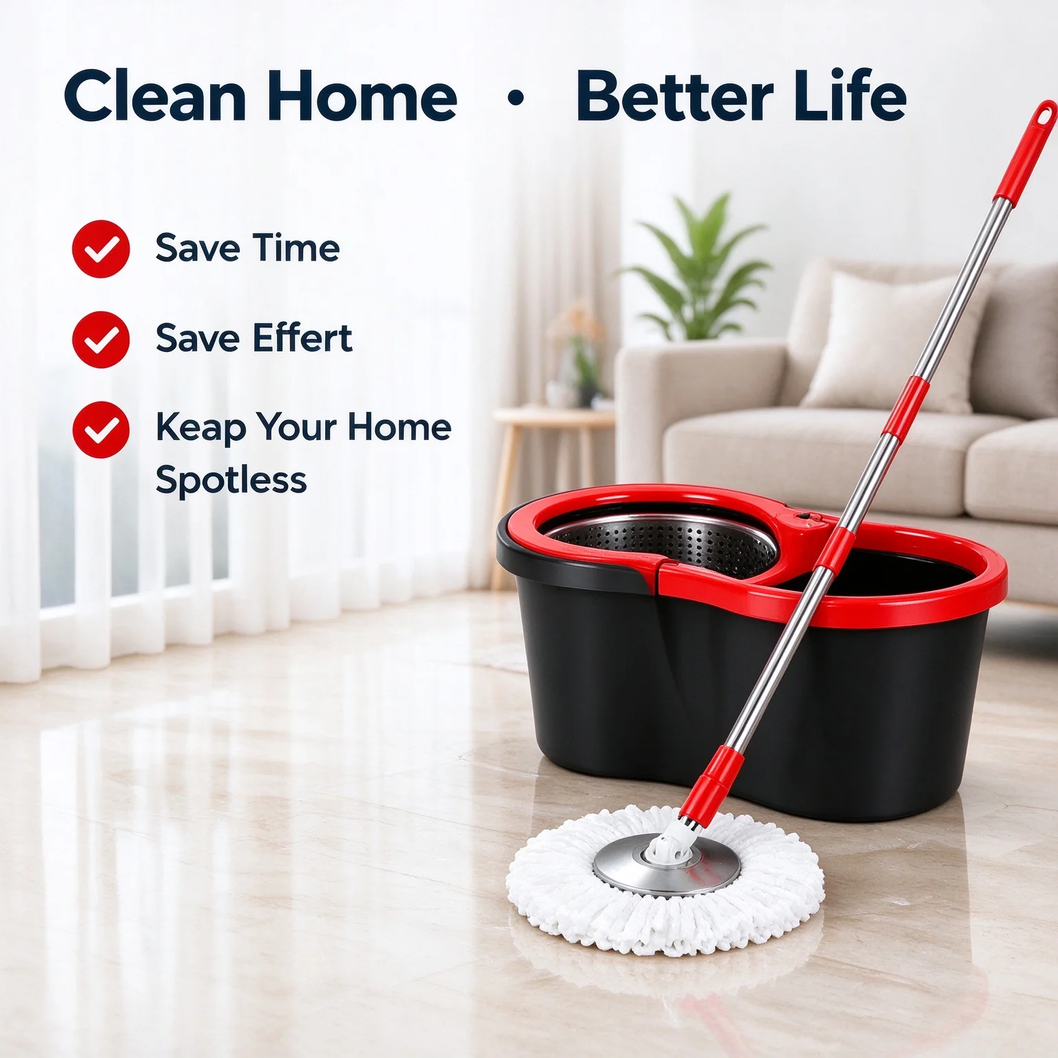 Spin Mop and Bucket Set, 360° Rotating Microfiber Mop with Stainless Steel Spinner, Adjustable Handle, Replacement Pads for Hardwood, Tile and Marble Floors