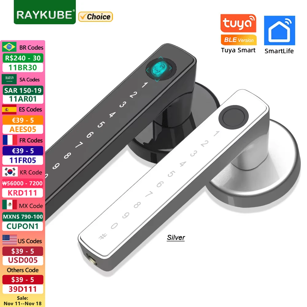 RAYKUBE M5 Tuya BLE Smart Fingerprint Door Lock Electronic Lock with Password/Key/Card/Smartlife/Tuya APP Unlock For Bedroom