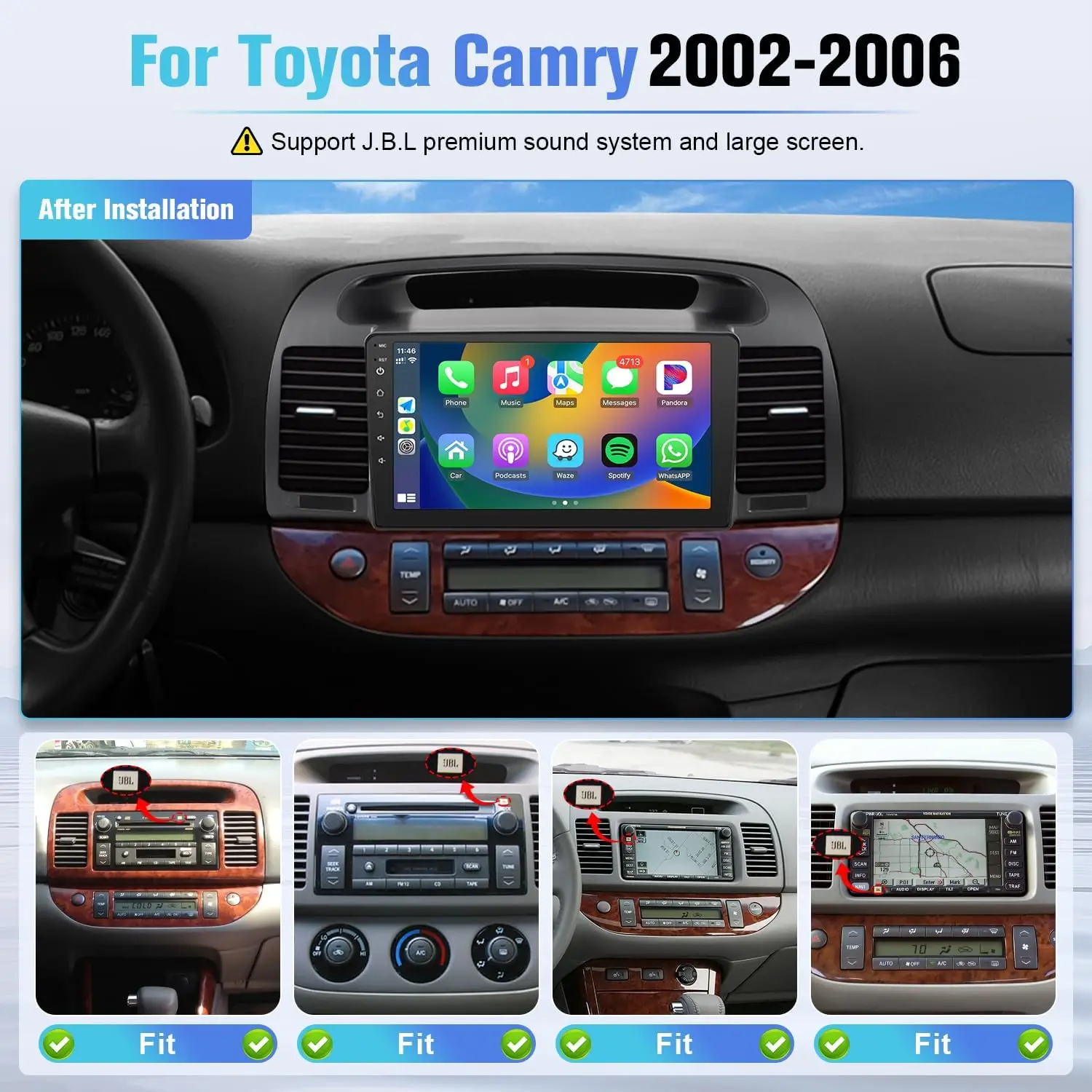 Autoradio stéréo à écran tactile 9 pouces, pour Toyota Camry 2002 2003 2004 2005 2006, Carplay sans fil, Android Auto, avec CanBus GPS 2G + 32G
