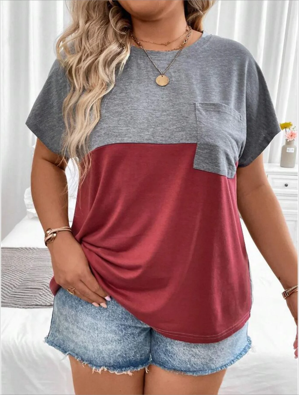 Plus Size European and American Cross Border New Women\'s Loose Short Sleeve Patchwork Pocket T-shirt Top