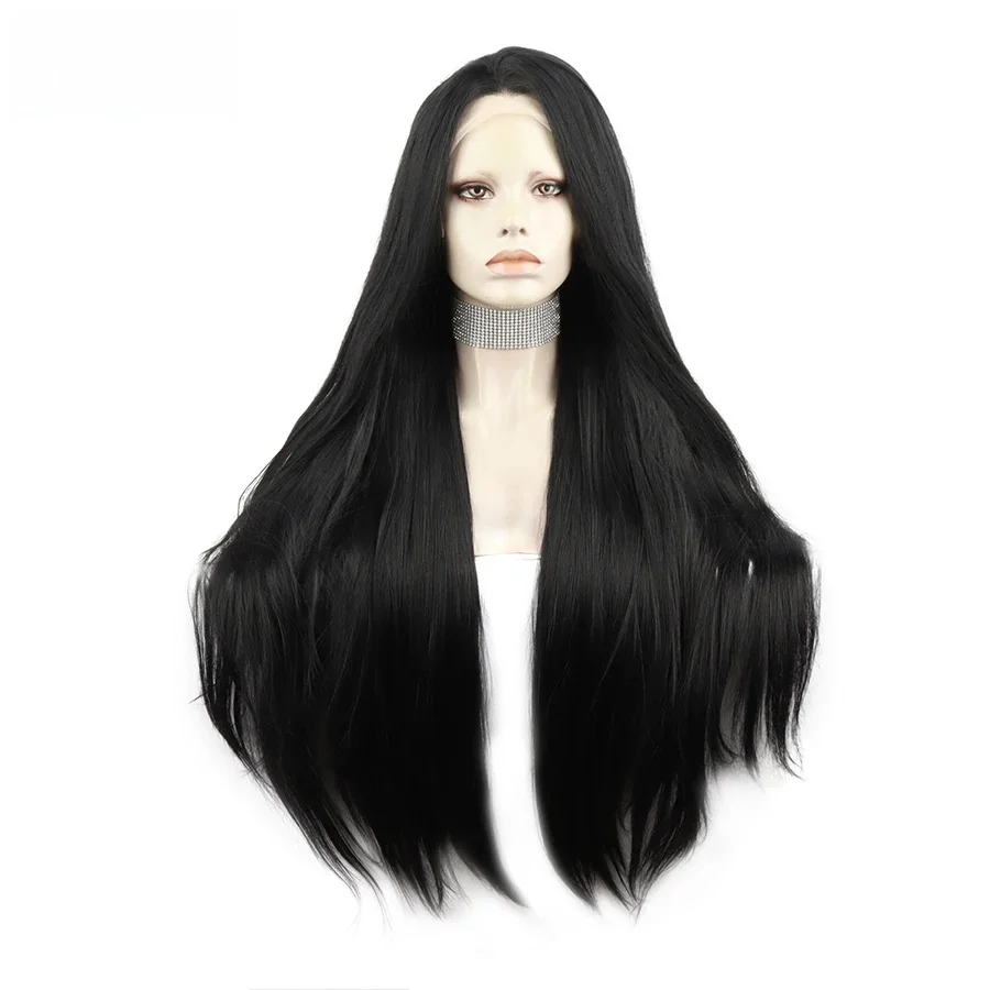 IMSTYLE Jet Black Lace Wig Synthetic Lace Front Wig 30-calowe długie proste peruki dla czarnych kobiet Żaroodporne codzienne peruki do cosplay — zdjęcie 2