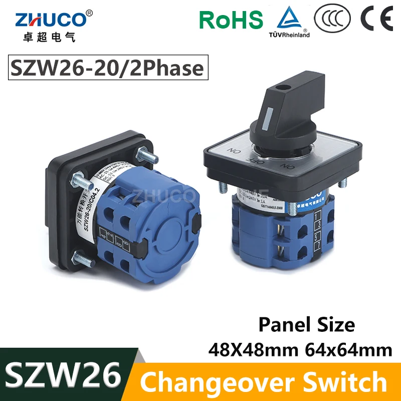 ZHUCO SZW26/LW26-20 64X64 Mm 48X48 Mm Panel Mount 20A 660V 2 Phase 8 Screws Power Knob Selection Cam Rotary Changeover Switch