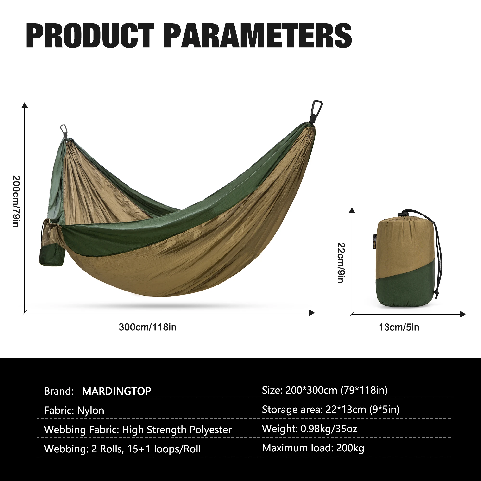 MARDINGTOP Camping Hammock, Portable Tree Hammock with 2 Tree Straps for Outdoor Travel, Backpacking, Beach, Patio, Hiking