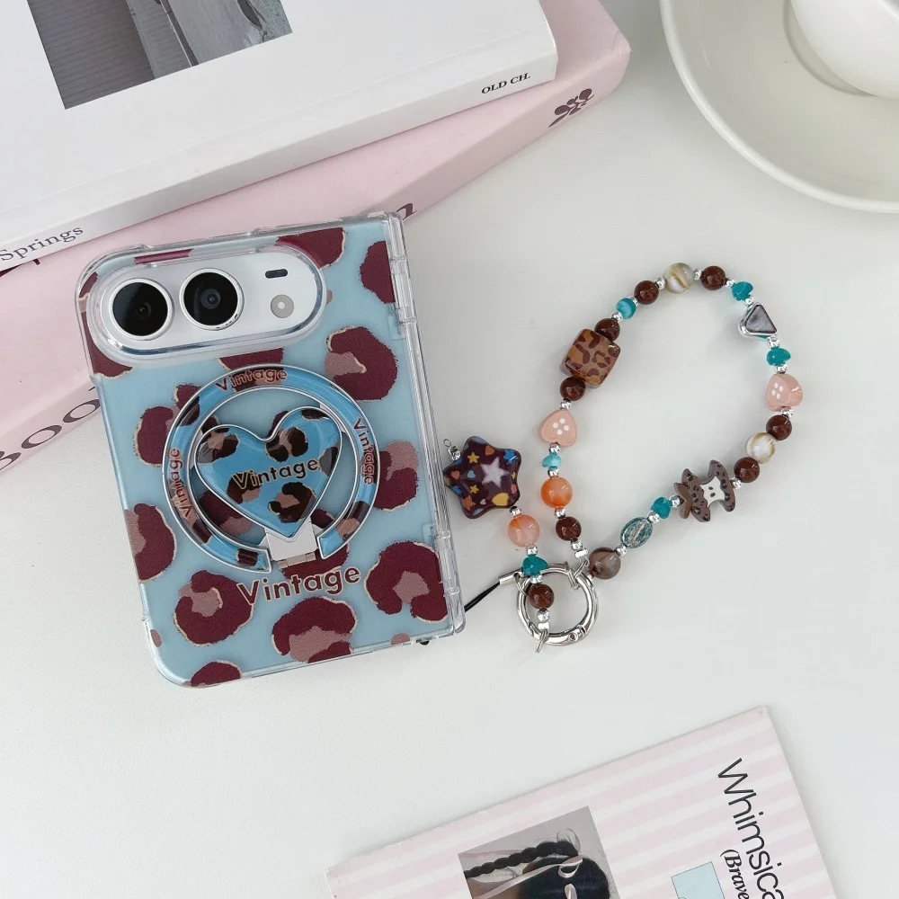 Fashion Vintage Leopard Print Phone Case for iPhone Duo With Magsafe Heart‑Shaped Stand New Ins Sweet Anti‑Fall Protective Cases