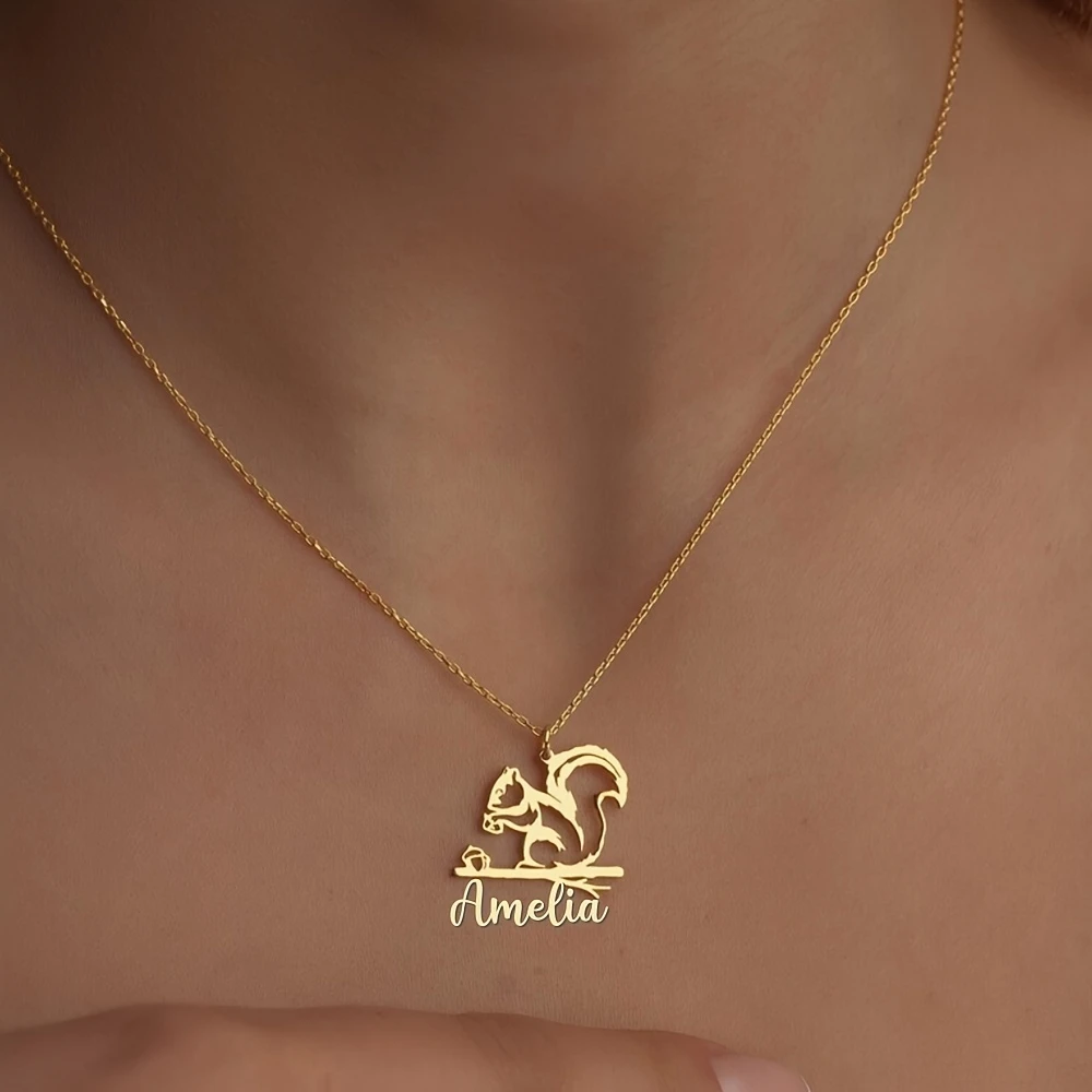 Custom Squirrel Pine Cone Name Necklace Personalized Branch Nameplate Pendant Trendy Animal Jewelry for Women