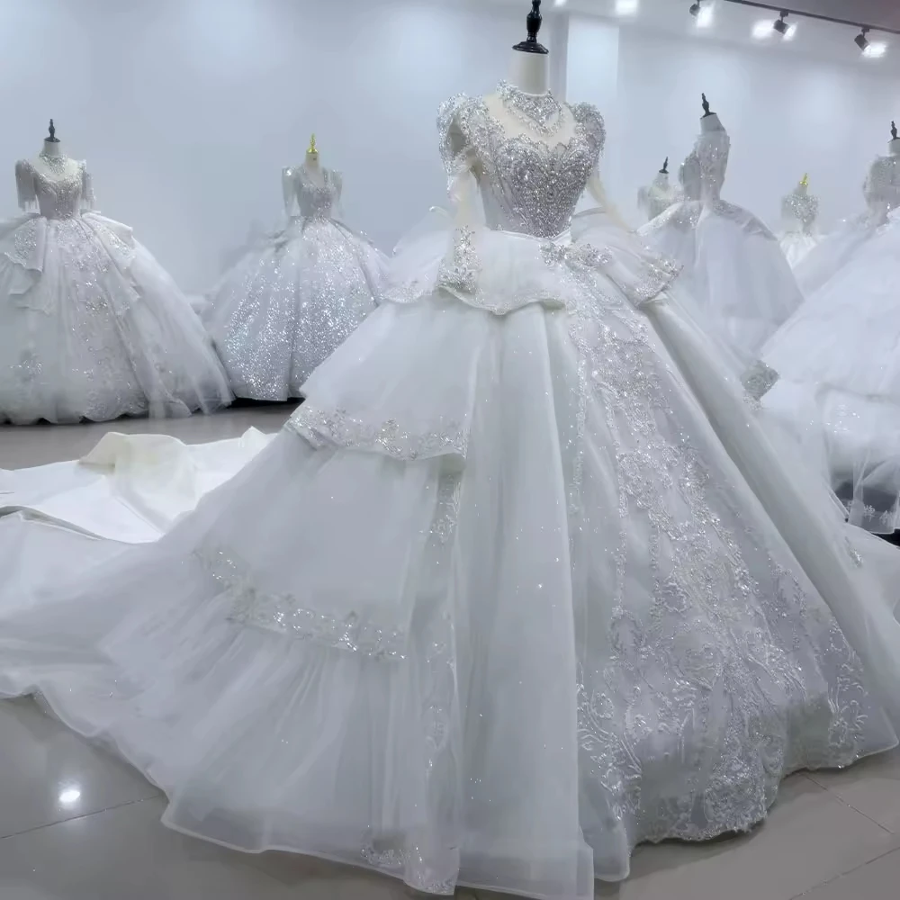 민속 결혼식용 긴팔 하이넥 웨딩드레스, 레이스업 백, 볼 가운, 티어드 비딩 보우 브라이덜 드레스