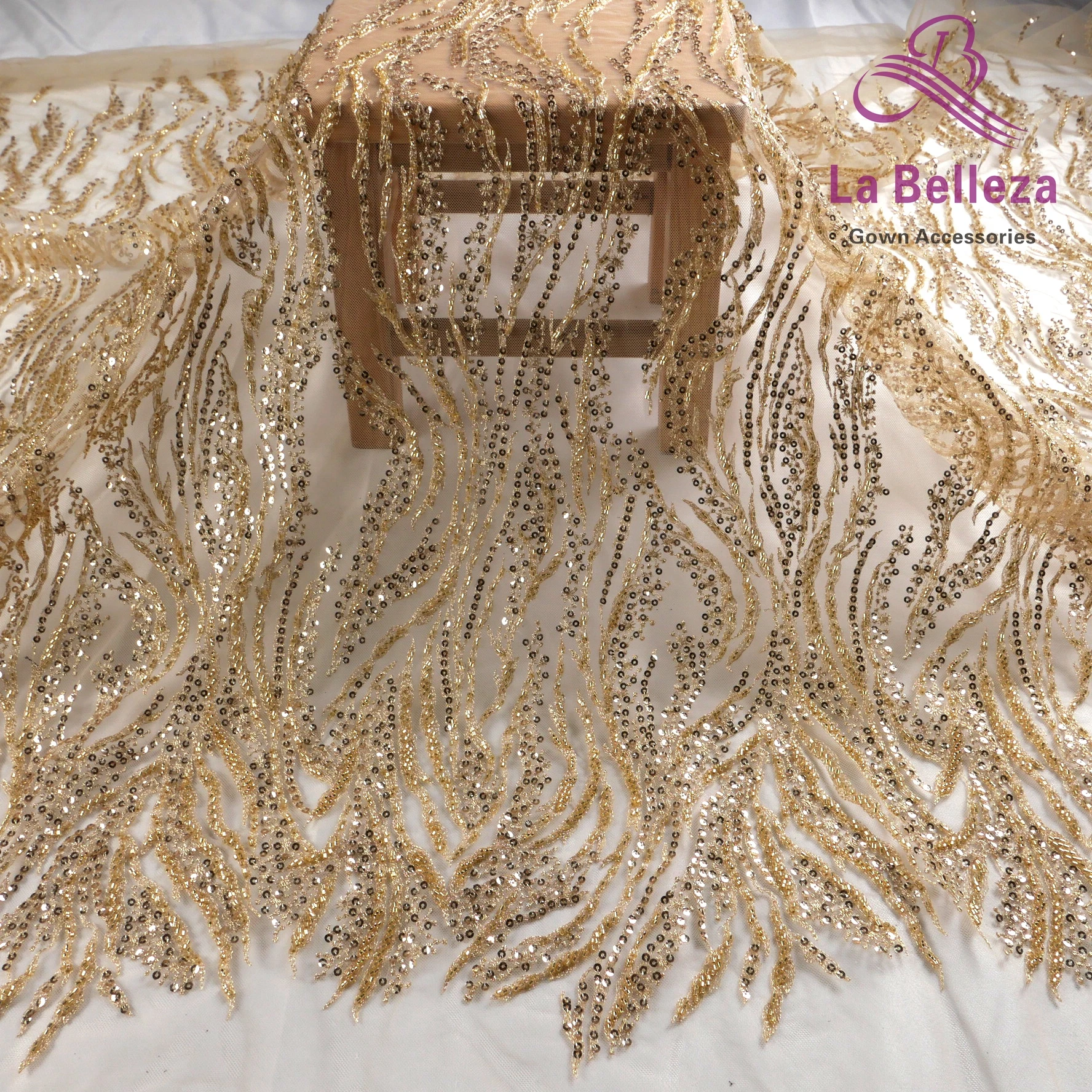 La Belleza Gold fashion bride lace,simple lines beading lace fabric,white lace fabric embroidered for wedding dresses by yard