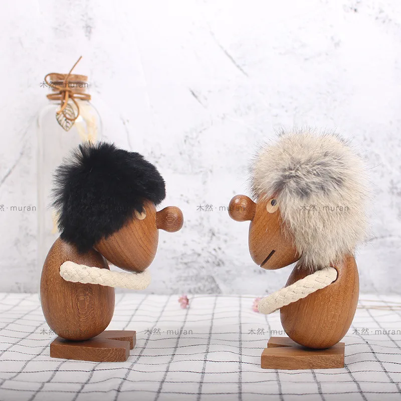 Wooden Crafts Abstract Cartoon Characters Small Hairy People Statue Sculpture For Home Room Desk Ornaments Decorative