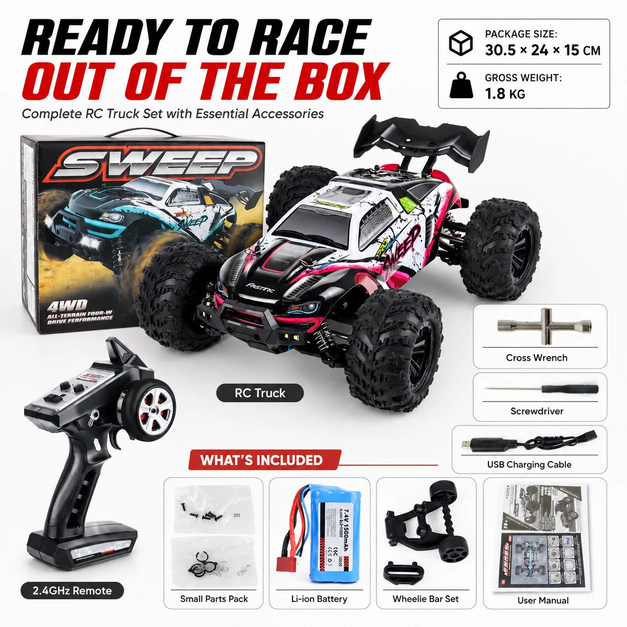 80km/h Hohe Geschwindigkeit 4WD Off-Road RC Auto, 1500mAh Akku 25 Min Laufzeit, All-Terrain-Reifen, 2.4GHz Fernsteuerung Truck, Wasserdicht RTR Hobby-Grade, für Erwachsene Jugendliche Camping Strand