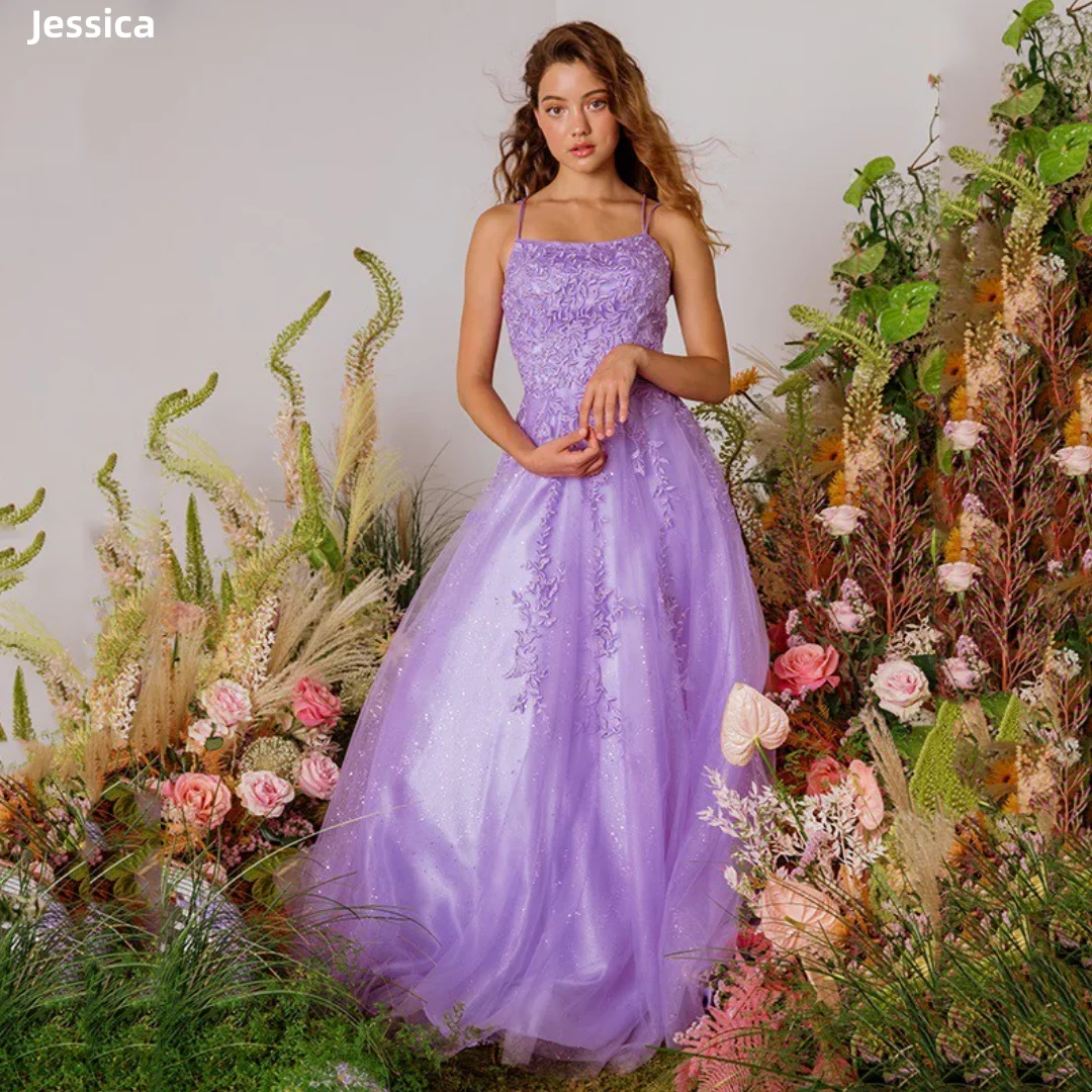 

Jessica Princess Lavender Purple Evening Dresses Embroidered Tulle Glitter Prom Dresses Formal Occasions Corset Customized