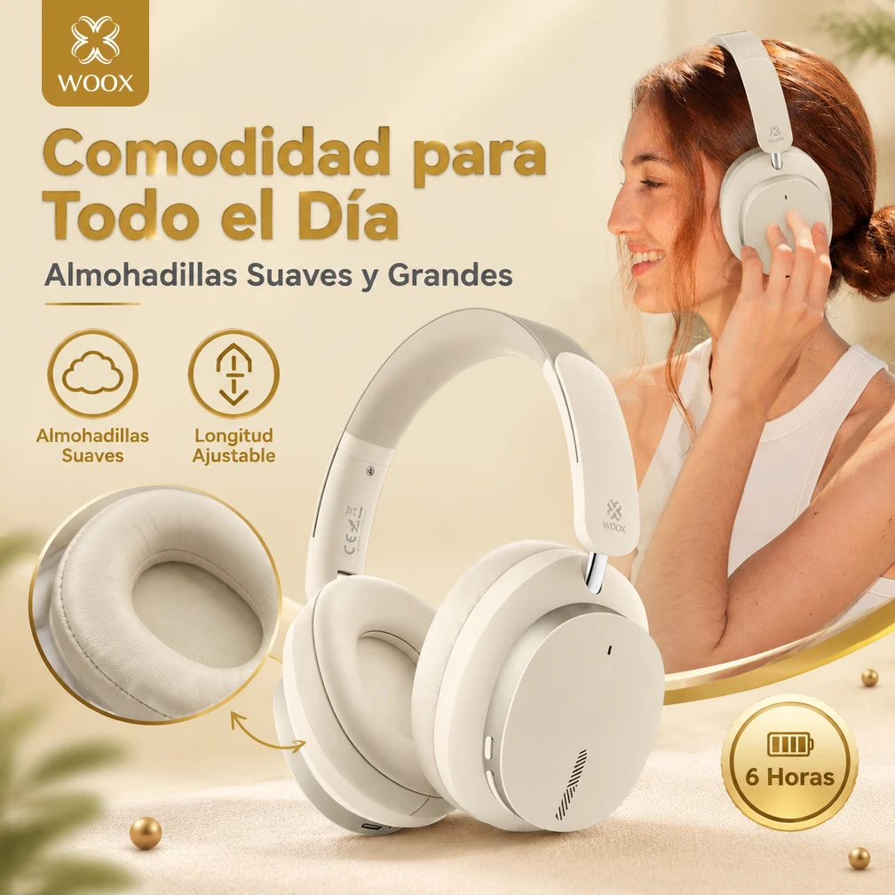 WOOX MX0224 Auriculares Inalámbricos Over-Ear con Bluetooth 5.4 | Diadema Plegable | 6h de Autonomía | 200mAh | Bajos Profundos | Entrada AUX | Carga Tipo-C | Llamadas Manos Libres | Auriculares Cómodos con Almohadillas Suaves | para Música Gaming Trabajo