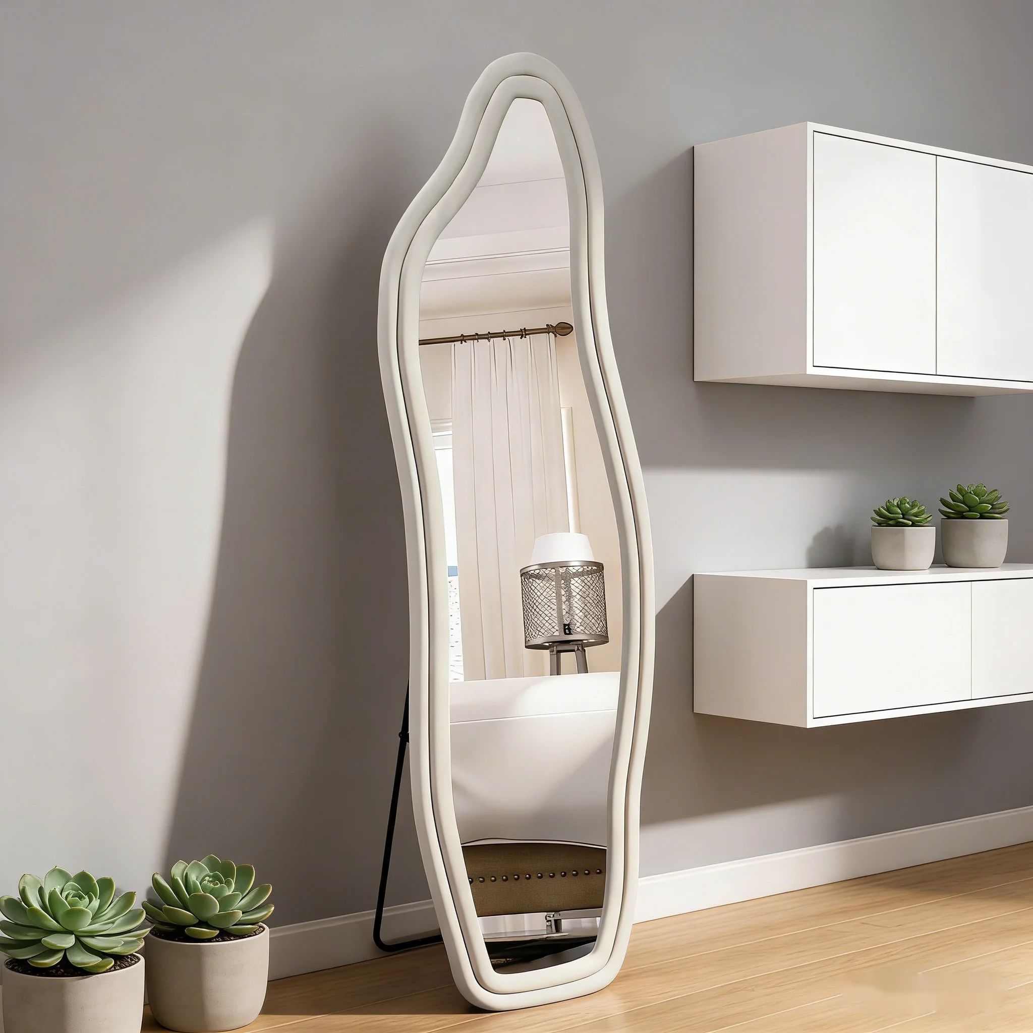 Specchio a figura intera 160 x 50 cm, specchio curvo asimmetrico da terra con cornice in velluto, grande specchio da parete/specchio da toeletta per soggiorno, camera da letto, sospeso/da terra,