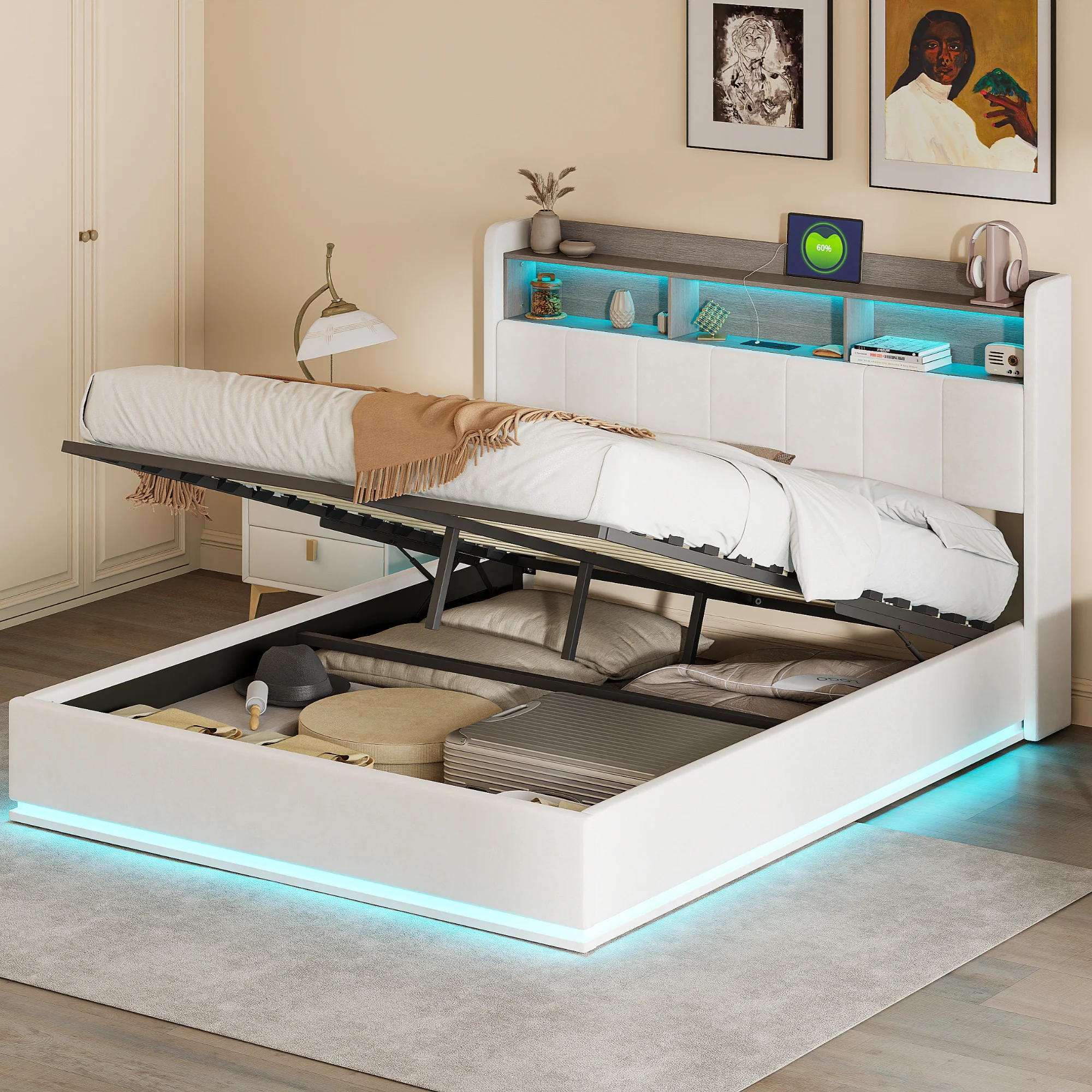 Lit capitonné Aura en bois 160x200 CM avec barre lumineuse LED, tête de lit avec espace de rangement, lit double, cadre de lit plat, cadre de lit en métal