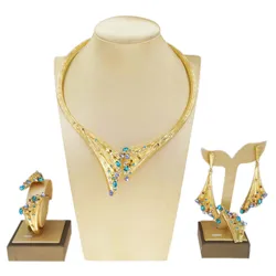 Dubai Gold Plated Woman Jewelry Set Women's Luxury Blue Stone Necklace Bracelet Ring Set Jewelry Sets Wedding Party Jewe